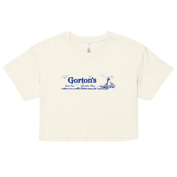Crop top shirt with blue graphic. In Natural