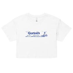 Crop top shirt with blue graphic. In White