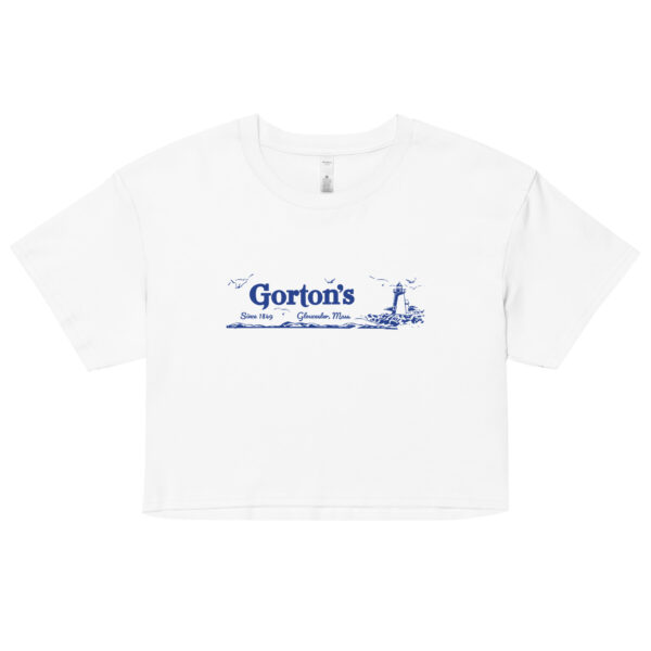 Crop top shirt with blue graphic. In White
